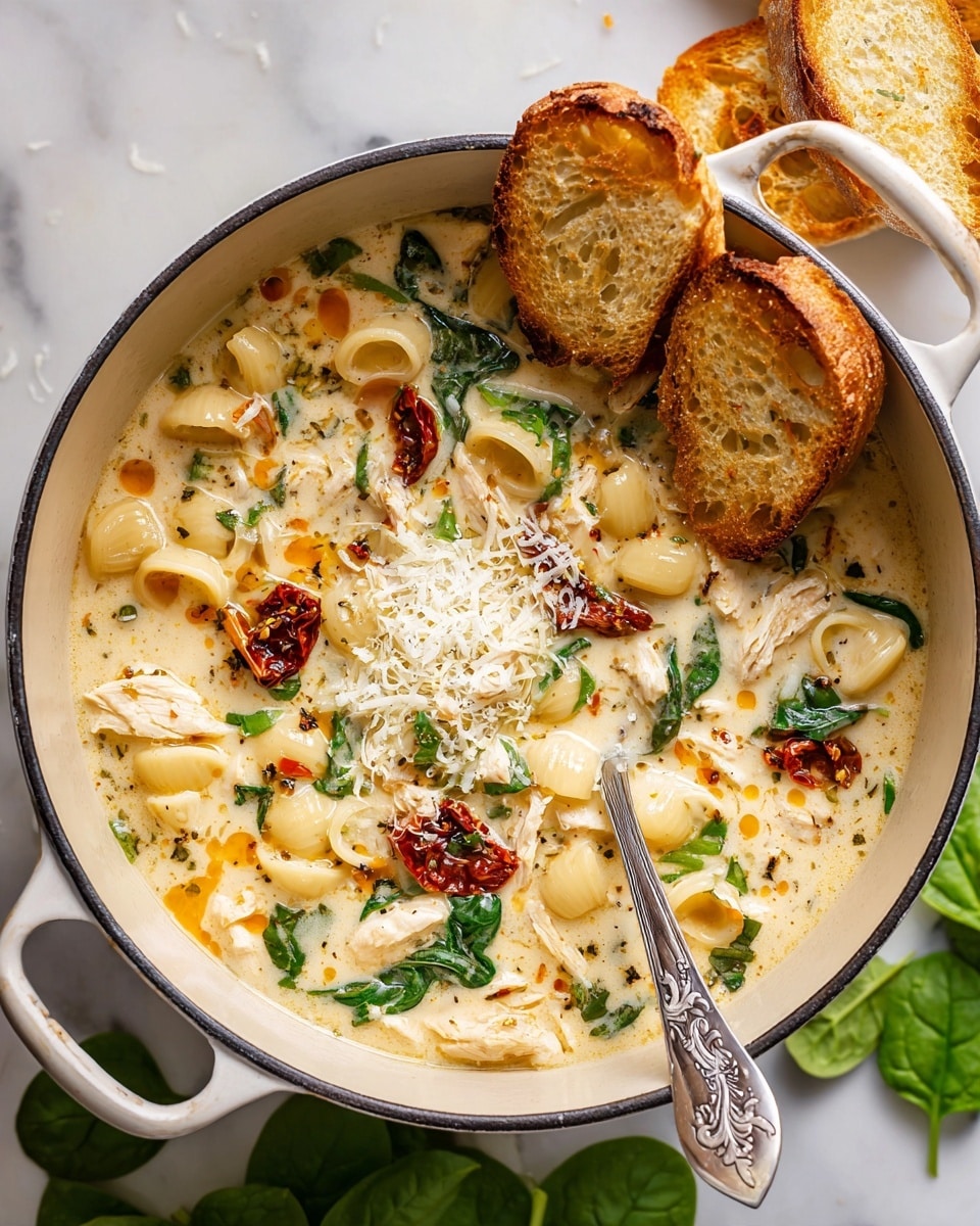 A white pot filled with creamy soup showing layers of small curved pasta, green spinach leaves, pieces of light-colored chicken, and dark reddish sun-dried tomatoes all mixed into the thick light yellow broth. There are oil drops of deep orange color on the creamy surface and a sprinkle of grated cheese on top near the center, creating a textured golden brown patch. A silver spoon rests inside on the right side of the pot. Around the pot, there are pieces of toasted bread sitting on a white marbled surface, with fresh spinach leaves near the bottom edge of the image. The background has a dark blue cloth partially visible next to the pot. Photo taken with an iphone --ar 4:5 --v 7