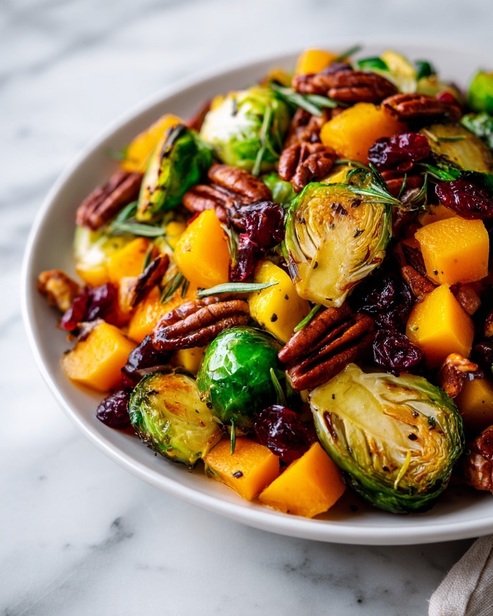A close-up view of a white plate filled with roasted Brussels sprouts, cut in halves showing their slightly charred and browned texture layered on top, bright green on the outside with crispy dark brown edges; scattered around them are golden brown roasted cubed butternut squash pieces with a smooth texture; reddish dried cranberries add color contrast, and shiny pecans with deep brown ridges are mixed evenly throughout. The dish rests on a white marbled surface. Photo taken with an iphone --ar 4:5 --v 7