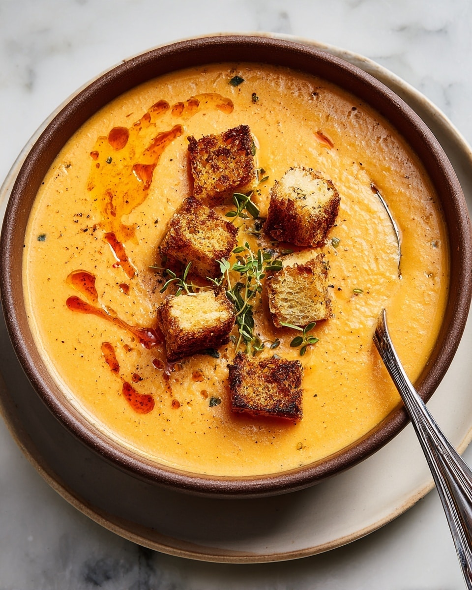 A close-up of a creamy orange soup served in a white bowl with a brown rim set on a white marbled surface, topped with seven golden brown toasted croutons scattered across the surface, small green herb sprigs, and a sprinkling of red spice; a silver spoon rests inside the bowl on the right side with pieces of broth-soaked soup visible near it. Photo taken with an iphone --ar 4:5 --v 7