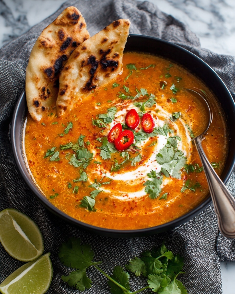 A close-up view of a black bowl filled with thick, golden-orange lentil soup that has visible green spinach leaves mixed in. On top, there is a swirl of white coconut cream and small pieces of chopped red chili and green cilantro scattered as garnish. Two pieces of torn, charred flatbread rest on the left side of the bowl, slightly dipped into the soup. A silver spoon is partially submerged on the right side inside the soup. The bowl sits on a light gray cloth on a white marbled surface with some green cilantro leaves and lime wedges nearby. photo taken with an iphone --ar 4:5 --v 7