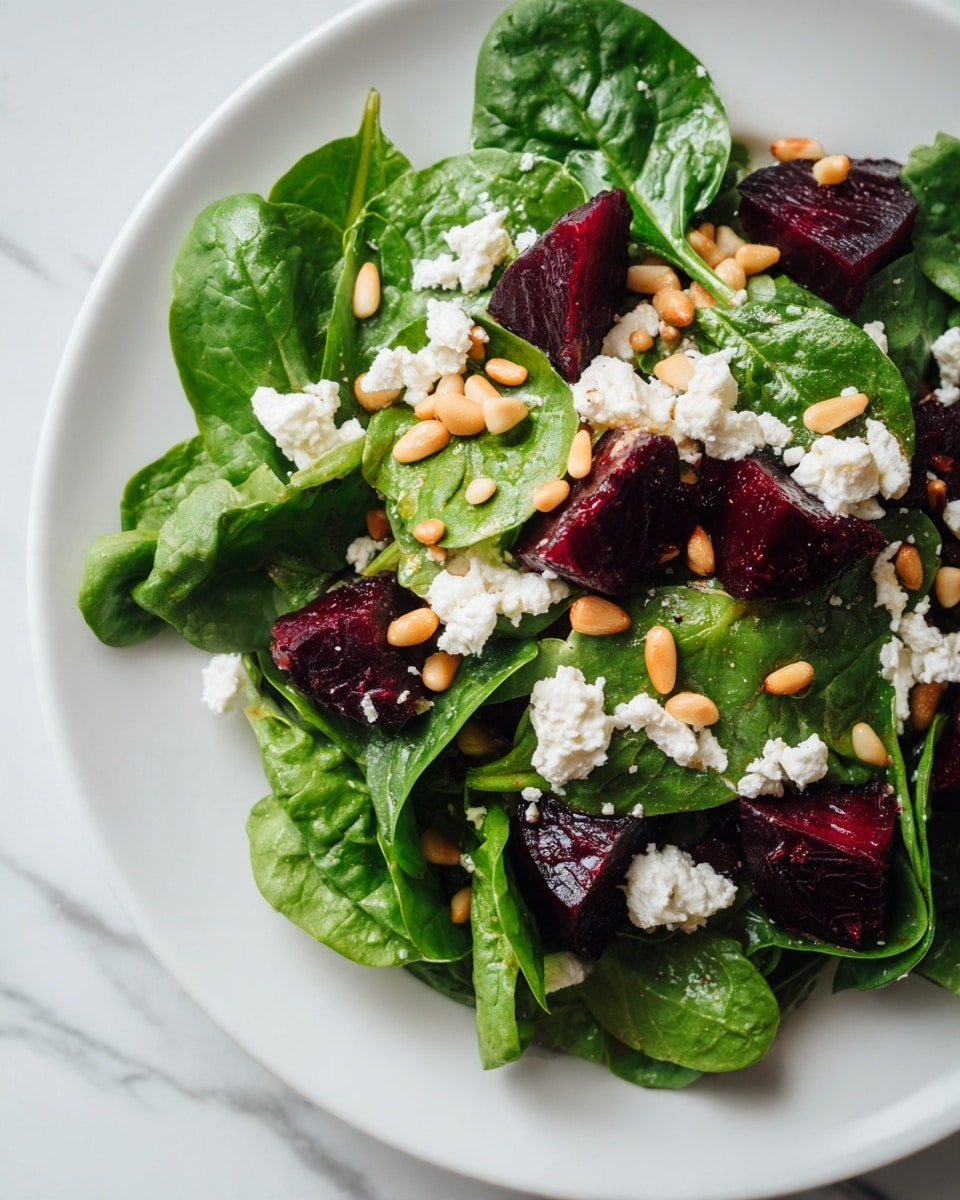 A white plate filled with fresh dark green spinach leaves creates the base layer, topped with uneven pieces of deep purple beetroot scattered evenly across. Over them, small crumbles of white cheese are spread, adding a light rough texture. On top, golden brown toasted pine nuts are sprinkled all over, giving the dish a crunchy look. The entire scene sits on a white marbled surface. photo taken with an iphone --ar 4:5 --v 7