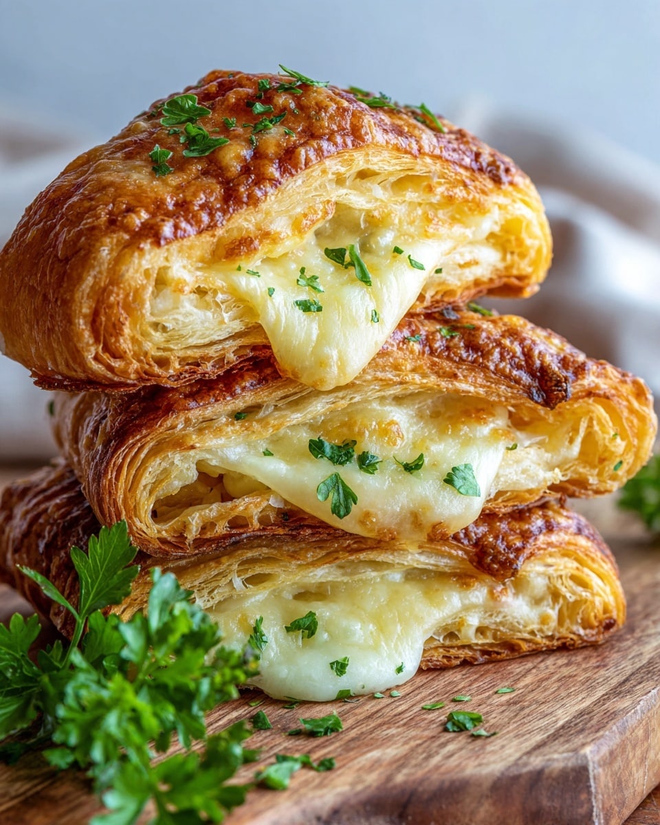 The image shows a close-up of three golden brown croissants stacked on a dark wooden board. Each croissant is topped with melted, slightly browned cheese that creates a crispy texture and some melted cheese is oozing from the ends. The layers of flaky croissant dough are visible, showing their light and airy texture. Small green parsley leaves are sprinkled on top of the croissants and placed beside them as garnish. The background consists of a white marbled texture. photo taken with an iphone --ar 4:5 --v 7