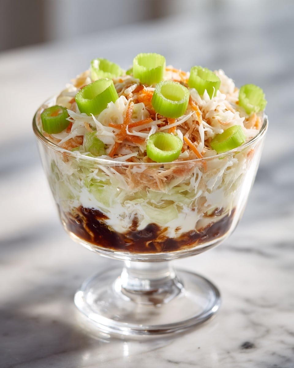 The image shows a clear glass bowl filled with a colorful salad. The bottom layer is dark brown, likely a sauce or dressing. On top of that, there is a mix of shredded light beige cabbage and thin orange carrot strips. Bright green sliced celery pieces are scattered throughout the salad, adding a fresh touch. The bowl sits on a reflective surface with a blurred background, all set against a white marbled texture. photo taken with an iphone --ar 4:5 --v 7