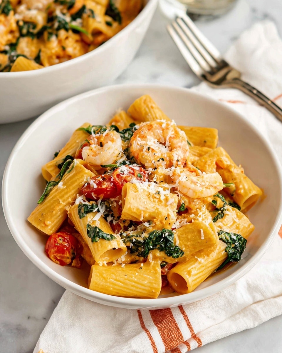 The image shows a round white bowl filled with rigatoni pasta mixed in a creamy orange sauce. There are pieces of shrimp scattered through the pasta, along with wilted green spinach leaves and small tomato pieces. Shredded white cheese is sprinkled on top. The bowl is placed on a light wood surface with a gray and brown striped cloth beside it, and a spoon rests next to the bowl. A glass pan with more pasta and shrimp sits partially visible in the background on a white marbled surface. Photo taken with an iphone --ar 4:5 --v 7