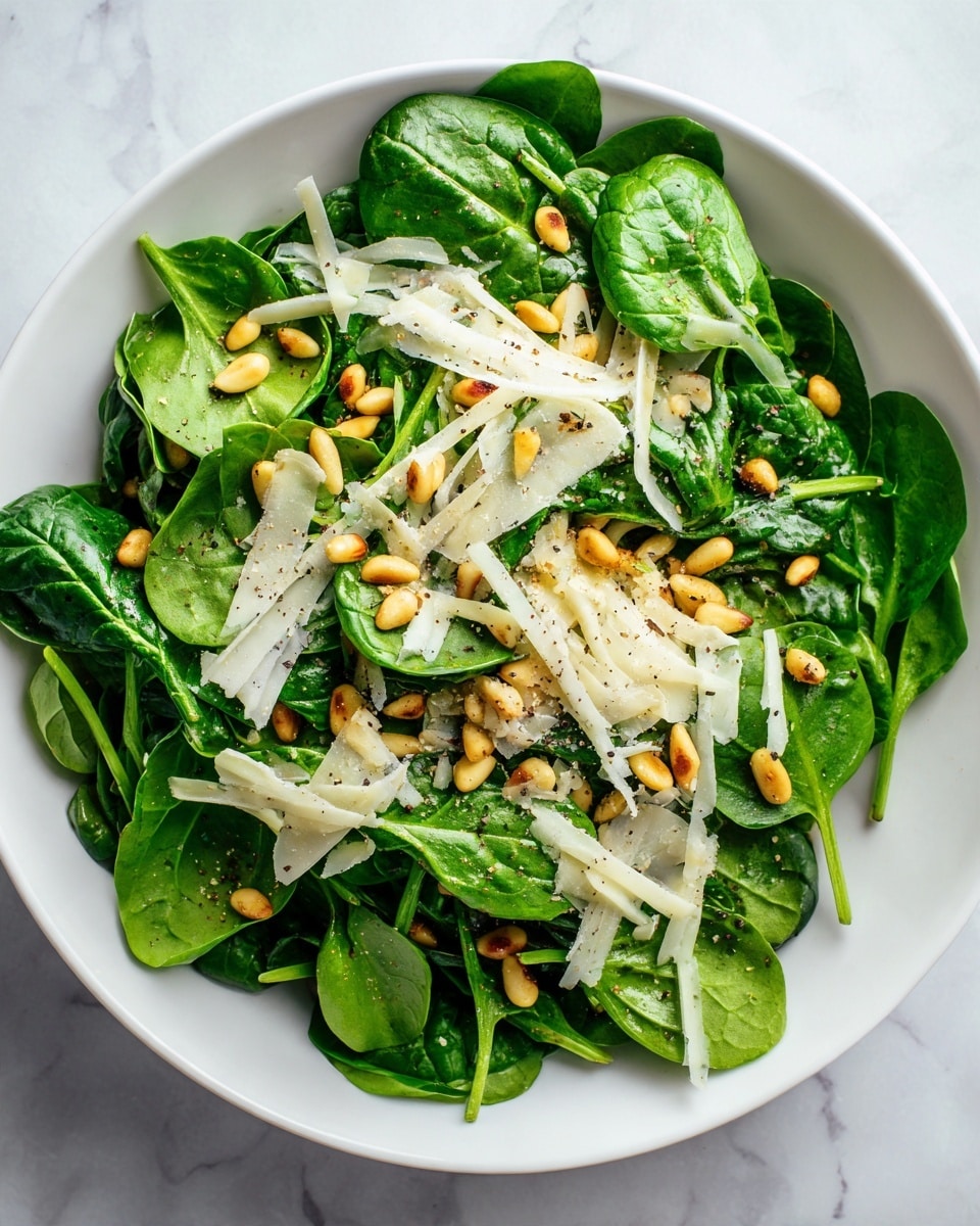 This image shows a white plate filled with fresh dark green spinach leaves spread evenly. On top of the spinach are scattered small golden brown pine nuts and thin, irregular, light beige slices of cheese. There is a light sprinkling of cracked black pepper across the whole dish, adding a speckled texture. The plate sits on a white marbled surface, and a woman's hand is slightly visible near the bottom edge of the image. Photo taken with an iphone --ar 4:5 --v 7