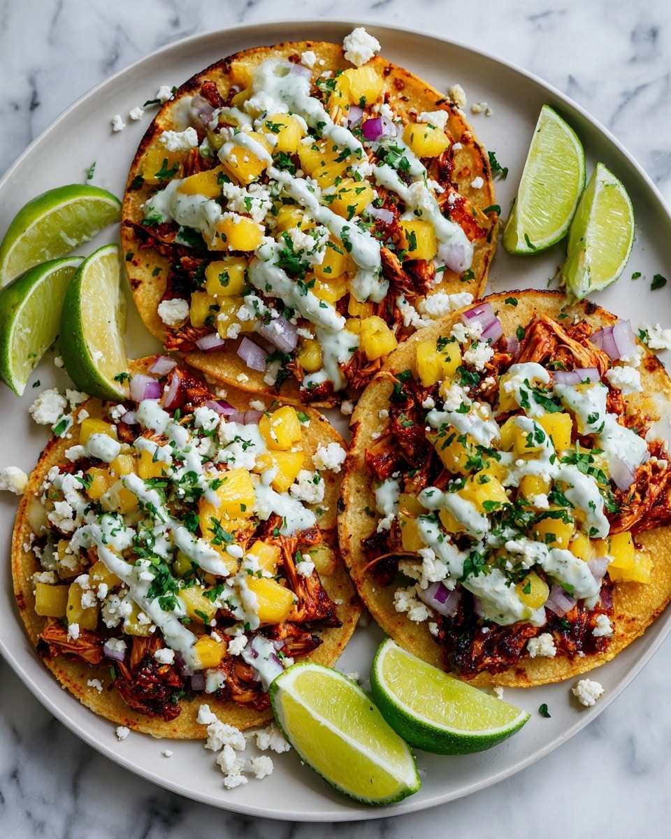 Three small round tortillas on a brown plate sit on a white marbled surface, each topped with a thick layer of shredded reddish-brown cooked meat, bright yellow pineapple chunks, finely chopped pale purple onions, and green chopped herbs. White crumbled cheese and drizzles of white sauce are scattered over the top. Lime wedges are placed around the plate for decoration. The food looks fresh and colorful with contrasting textures and colors photo taken with an iphone --ar 4:5 --v 7