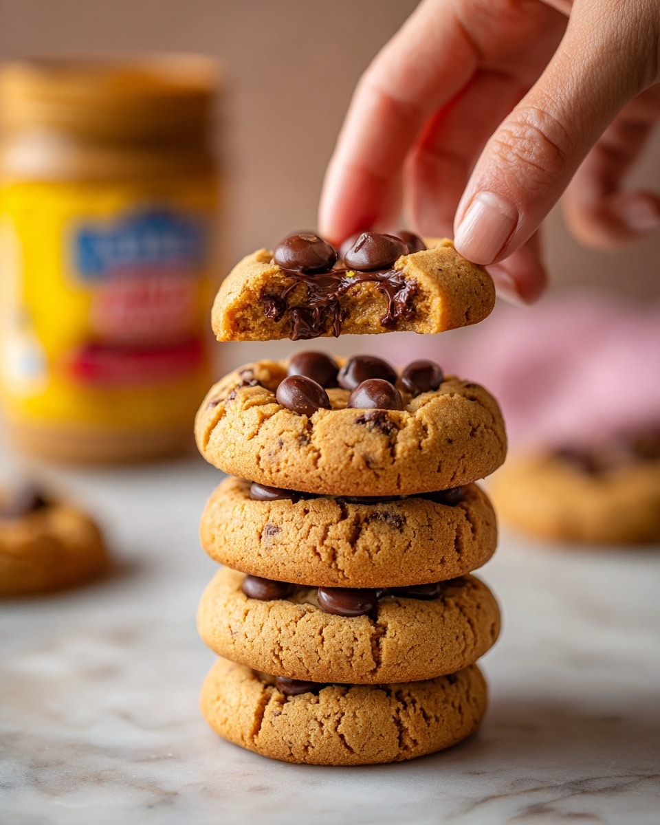 A stack of four golden brown chocolate chip cookie halves lies on crumpled white parchment at the bottom, showing a thick, soft texture with melted dark chocolate chips inside each piece. On top of the stack, a whole round cookie with a slightly cracked surface and five large shiny chocolate chips is held upright by a woman's fingers. The background shows a blurred jar with a yellow label and blue text, all set on a white marbled surface. Photo taken with an iphone --ar 4:5 --v 7
