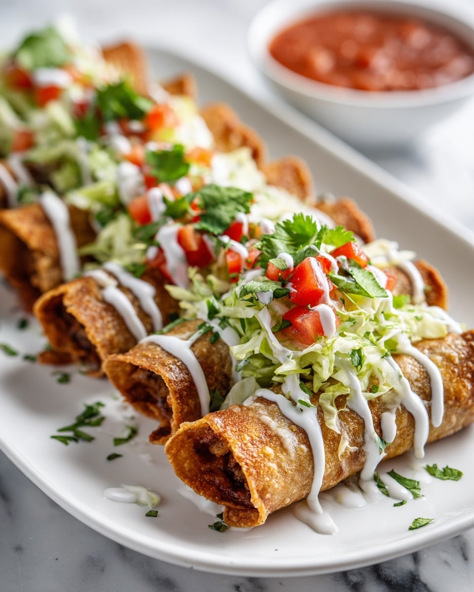 On a white plate set on a white marbled surface, five golden-brown rolled taquitos are arranged side by side. The taquitos have a crispy texture with lightly browned edges and are topped with layers of fresh green lettuce, small pieces of bright red diced tomatoes, and chopped cilantro leaves. White creamy sauce is drizzled over the top, adding contrast to the vibrant colors. In the background, there is a white bowl filled with red salsa, slightly blurred to keep the focus on the taquitos. Photo taken with an iphone --ar 4:5 --v 7