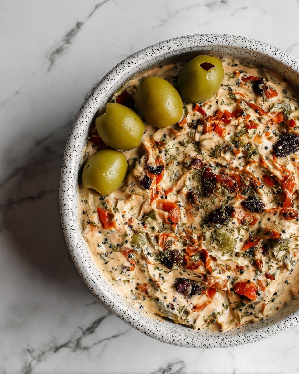 A close-up view of a creamy dip inside a rough-textured gray bowl, showing a mix of white creamy base with small chunks of red, green, and darker olives on top. The dip has visible pieces of red peppers and green herbs scattered throughout, with a black olive and a green olive resting near the center. The creamy texture is thick and slightly chunky, with specks of black pepper and herbs visible. The scene is set on a white marbled surface, with a warm, cozy feel. Photo taken with an iphone --ar 4:5 --v 7