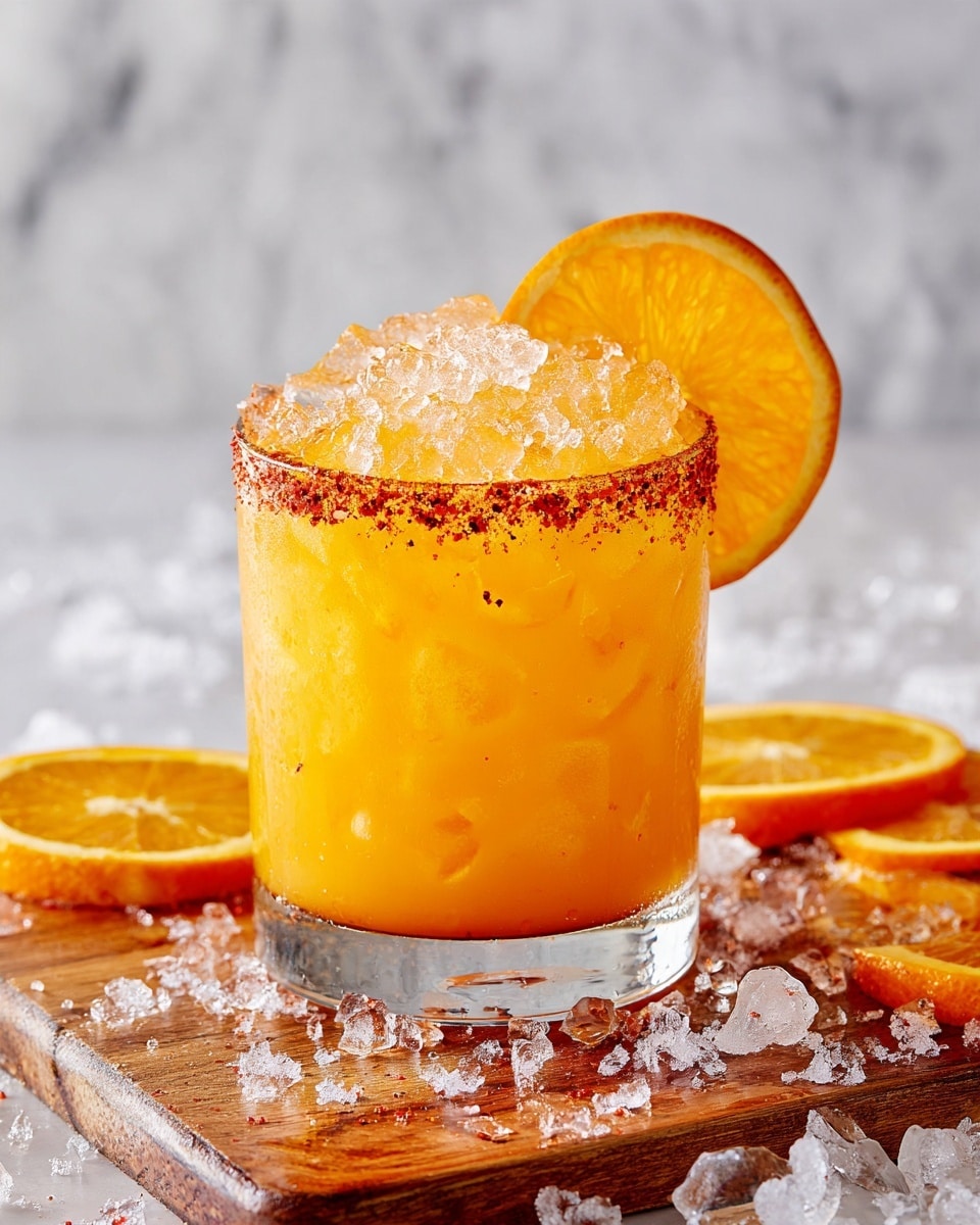 A clear glass filled with bright orange juice and large ice cubes reaching near the top, with a rim coated in a thin layer of red spice. The glass is garnished with a fresh orange slice placed on the rim. Around the base, there are scattered ice pieces and two orange slices resting on a wooden board, all set on a white marbled surface. The background is softly blurred, focusing attention on the vibrant, refreshing drink. photo taken with an iphone --ar 4:5 --v 7