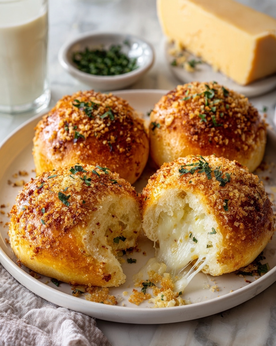The image shows four round golden brown cheese bread rolls on a white plate with light speckles. One roll is torn open in the front, revealing stretchy melted white cheese inside with a soft texture. The bread's surface is shiny, topped with golden breadcrumbs and small green herb leaves sprinkled evenly. In the background, there is a wooden board with shredded cheese and a block of cheese, a small white bowl of chopped green herbs, and a glass of milk beside a white cloth with blue stripes, all set on a white marbled surface. Photo taken with an iphone --ar 4:5 --v 7