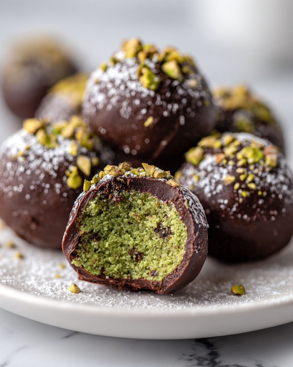 The image shows six round treats on a white plate placed on a white marbled surface. Each treat has a smooth dark brown chocolate layer on the outside, with chopped light green and yellow pistachio pieces sprinkled on top. The center treat is bitten, revealing a soft, crumbly light green filling with some small brown bits inside. The chocolate coating around the bite is thick and glossy, contrasting with the bright green interior. The plate has a slightly glossy finish and the lighting makes the textures and colors clear and appealing. Photo taken with an iphone --ar 4:5 --v 7