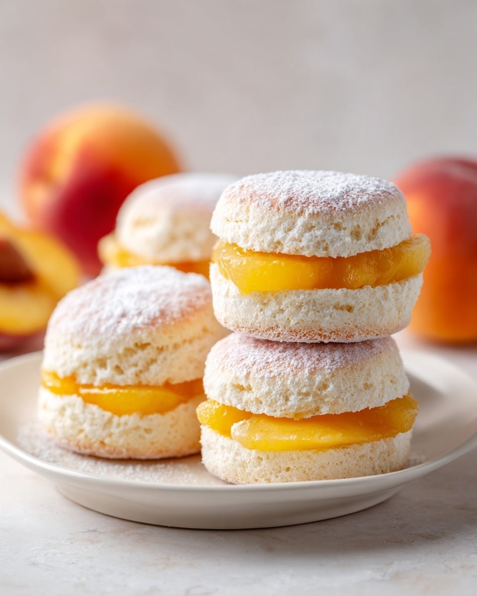 Four small round sandwiches are arranged on a white plate, each sandwich has two soft, powdery white buns dusted with powdered sugar. The buns have a light pink blush on top, with a layer of bright yellow peach filling and a glossy orange-red jam spread between the buns. The plate is placed on a white marbled surface, with two whole peaches blurred in the background. photo taken with an iphone --ar 4:5 --v 7