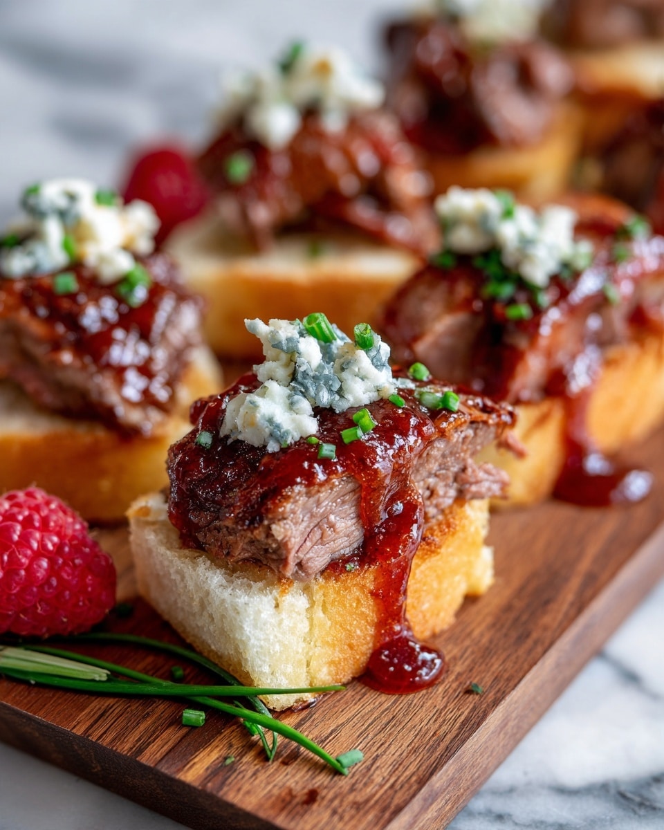 The image shows a close-up of a small appetizer with three layers. The bottom layer is a thick slice of golden brown bread with a soft, textured inside. On top of the bread is a piece of cooked meat, medium-rare with a pink center and a slightly browned outside. A glossy, dark red sauce drips over the meat and down the bread. The top layer is small crumbles of light blue cheese sprinkled with chopped green chives. The appetizer is on a wooden board with a few extra chopped green chives and a fresh raspberry next to it, all set on a white marbled surface. In the background, more similar appetizers are slightly out of focus. photo taken with an iphone --ar 4:5 --v 7