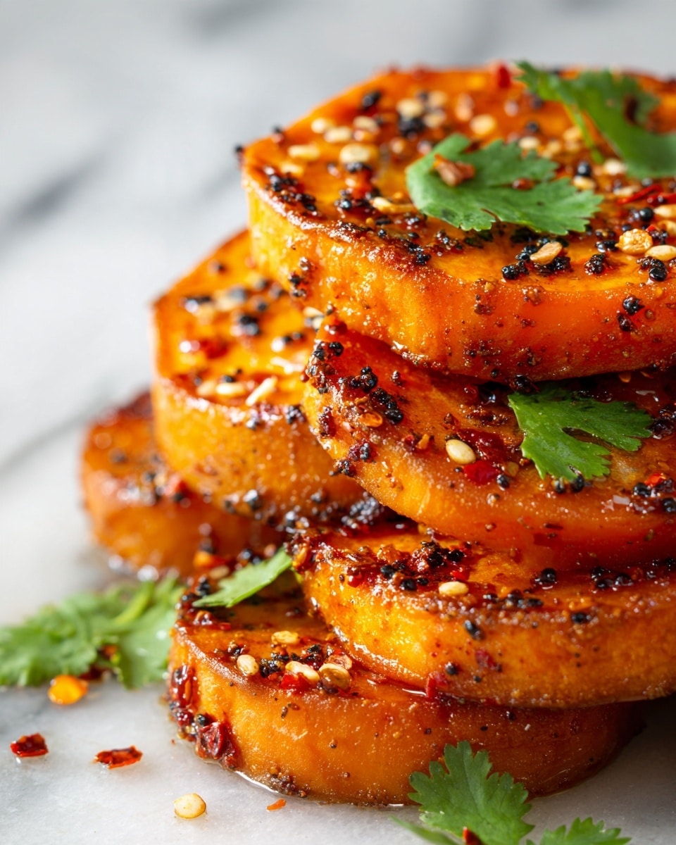 The image shows several thick, round slices of golden-brown roasted sweet potatoes stacked closely together. Each slice has a crispy, darkened edge and a soft, bright orange inside. Red chili slices and small yellowish seeds are scattered across the sweet potatoes, adding texture and color. Fresh green cilantro leaves are placed on top and around the slices, contrasting with the warm colors of the sweet potatoes. The dish sits on a white marbled surface. Photo taken with an iphone --ar 4:5 --v 7