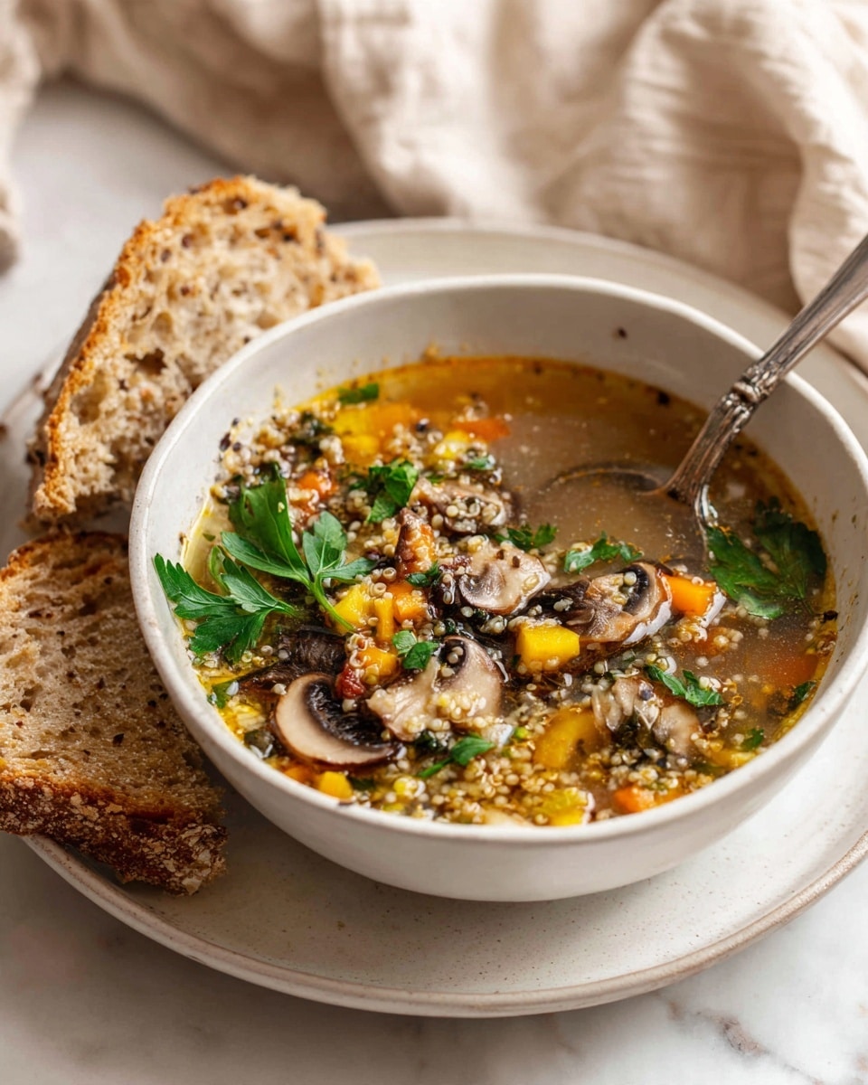 A black bowl filled with clear broth soup sits in the center of a black plate. Inside the soup are layers of diced orange carrots, brown mushroom slices, yellow potato pieces, and small green leaf bits, all floating with soft beige grains. On top of the soup, fresh green parsley leaves rest. Next to the bowl on the plate, there are two pieces of toasted bread with a rough golden-brown crust. A silver spoon rests in the bowl, its handle leaning on the edge. The whole scene sits on a white marbled surface, with some soft brown cloth in the background. photo taken with an iphone --ar 4:5 --v 7