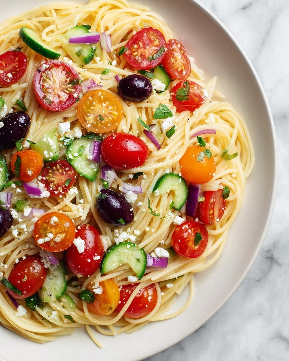A white plate filled with three layers of spaghetti noodles that are pale yellow and soft in texture. The noodles are mixed with small round slices of black and green olives scattered on top throughout the dish. Bright red and orange halved cherry tomatoes are placed evenly, adding vibrant pops of color alongside thinly sliced green cucumber pieces. Tiny bits of chopped red onion and small crumbles of white feta cheese are spread out across the noodles. The dish is lightly sprinkled with green herbs and black pepper, with the plate set on a white marbled surface. Photo taken with an iphone --ar 4:5 --v 7