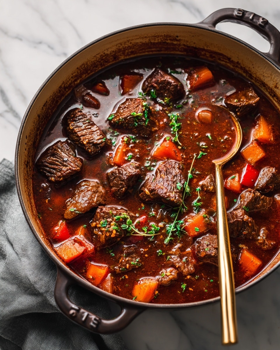 The image shows a round pot filled with a rich, deep red stew. The stew has visible chunks of dark brown meat mixed with small cubes of orange and yellow vegetables. There are also pieces of red pepper and small green herbs sprinkled on top, adding color contrast. A golden spoon is partially submerged in the stew, resting on the right side of the pot. The pot has a warm, rustic look with a slightly worn edge, and the scene is set on a white marbled surface. photo taken with an iphone --ar 4:5 --v 7