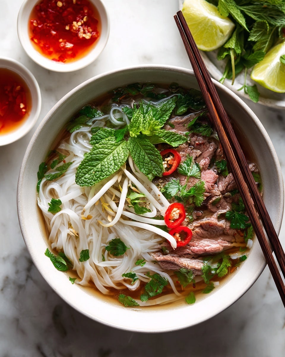 A white bowl filled with clear broth holding three layers: the bottom layer has white rice noodles, the middle layer has thin slices of cooked beef in light brown color, and the top layer is a mix of bright green fresh herbs like mint and cilantro, white bean sprouts, and thin slices of red chili scattered on top. Two brown chopsticks rest on the side of the bowl. A white marbled surface surrounds the bowl, with lime wedges and extra herbs in the background. A small bowl with red chili sauce is nearby. Photo taken with an iphone --ar 4:5 --v 7