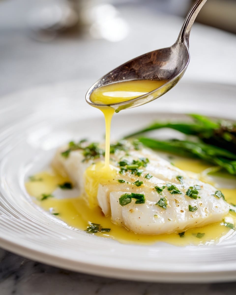 A close-up image of a white fish fillet placed flat on a white plate with a gentle texture on the edges. A bright yellow sauce is being poured over the fish from a silver spoon held above it, flowing smoothly and pooling slightly around the fillet. Small green herb bits, possibly chopped parsley, are sprinkled neatly in the middle of the fish on top of the sauce. In the background near the edge of the plate, there are green vegetables slightly out of focus. The dish is on a white marbled surface. photo taken with an iphone --ar 4:5 --v 7