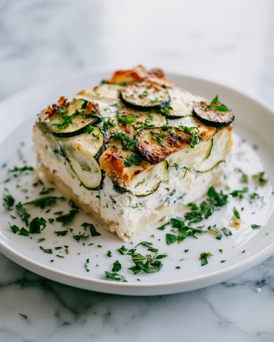 A single square piece of baked zucchini egg casserole sits in the center of a plain white plate on a white marbled surface. The casserole has two visible layers: a light yellow egg base mixed with green zucchini slices and herbs, topped with a slightly browned, golden crust. Small pieces of chopped green herbs are sprinkled on top and around the plate for decoration, creating a fresh look. The texture is fluffy with soft zucchini slices visible throughout. Photo taken with an iphone --ar 4:5 --v 7