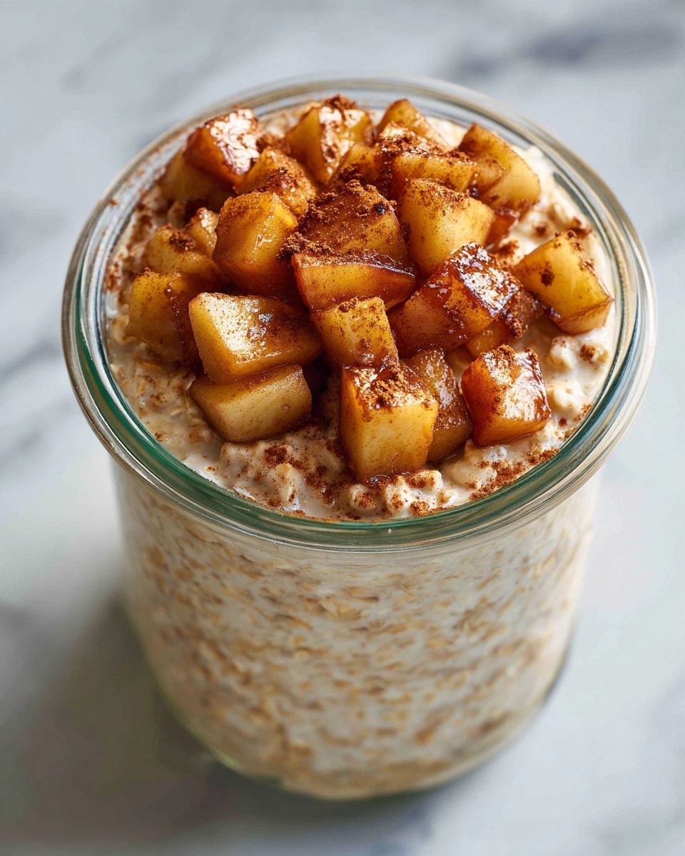 A clear glass jar filled with a thick, creamy oatmeal base showing a light beige color with small oat pieces throughout. On top, a layer of light yellow cooked apple cubes is arranged, each piece coated in a shiny syrup and sprinkled with fine brown cinnamon powder that adds texture and warmth to the color. A few whole oats are scattered lightly on the apple layer. The jar sits on a white marbled surface, highlighting the cozy, natural tones of the food photo taken with an iphone --ar 4:5 --v 7