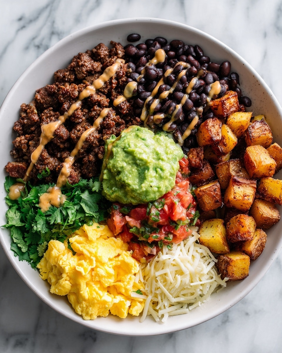 A white bowl with five main layers arranged in a circle: dark brown crumbly cooked meat at the top left, followed by black beans, bright yellow scrambled eggs, a mix of white and yellow shredded cheese, and golden brown crispy cubed potatoes on the right. In the center, a mound of chunky red salsa topped with a scoop of light green guacamole sits, all sprinkled with chopped fresh green herbs. Light beige creamy sauce is drizzled diagonally across the whole bowl. The bowl is placed on a white marbled surface. Photo taken with an iphone --ar 4:5 --v 7