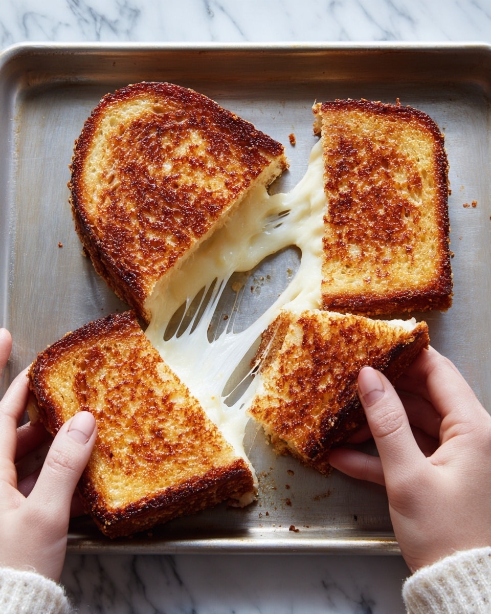 The image shows a grilled sandwich with two layers of toasted golden brown bread, crispy on the outside. Inside, there is a thick layer of melted white and orange cheese that is stretching as the sandwich is pulled apart by two woman's hands. Another sandwich is placed in the background on a baking tray with a golden surface, set on a white marbled board. photo taken with an iphone --ar 4:5 --v 7
