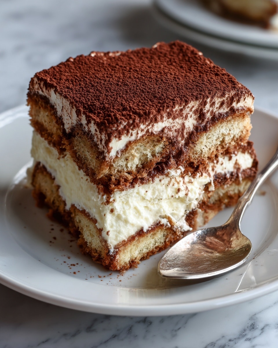 A square slice of layered dessert on a white plate shows three main layers: the base is a light brown, soft biscuit layer; the middle and top layers are thick, creamy white with a smooth texture; the top surface is covered with a fine layer of dark brown cocoa powder, giving a slightly rough texture. The dessert edges are clean but soft, and a silver fork beside it has a piece of the dessert stuck on the tip. The background is a white marbled texture. photo taken with an iphone --ar 4:5 --v 7