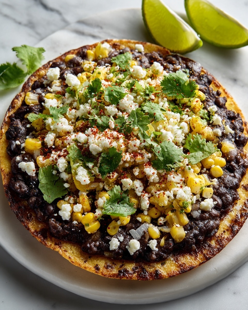A round, golden brown crispy tostada is topped with a thick layer of dark black beans spread evenly as the base. On top, there is a generous amount of yellow corn kernels mixed with small, diced purple onions and sprinkled with white crumbly cheese. Fresh green cilantro leaves are scattered across the top along with a light dusting of red chili powder. In the background, there are wedges of bright green lime sitting on a white marbled surface. photo taken with an iphone --ar 4:5 --v 7