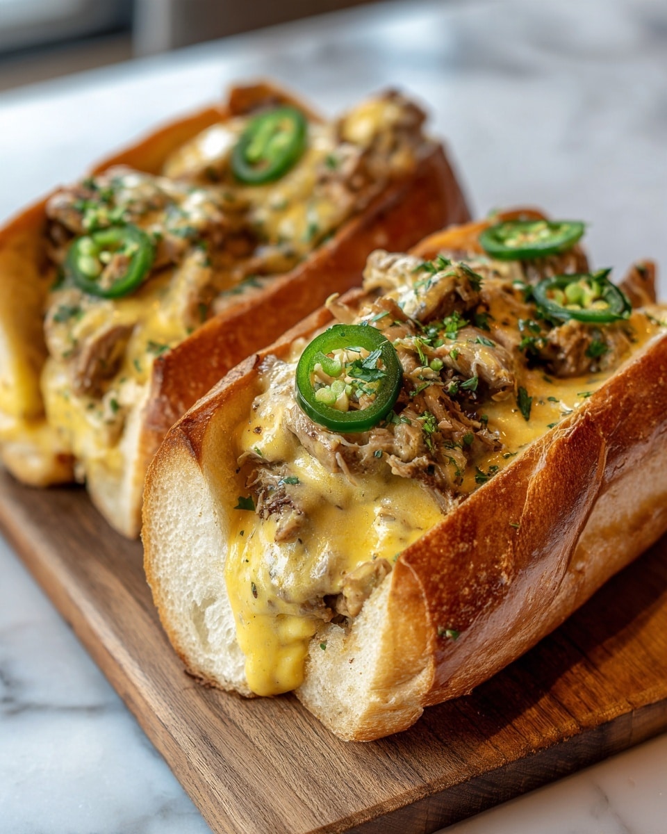Two sandwiches on a round wooden board feature layers of soft white bun with a golden-brown crust, filled generously with creamy, cheesy chicken mixture that has a slightly textured and moist look. The chicken filling is topped with melted yellow cheddar cheese and scattered green jalapeño slices, sprinkled with small bits of fresh green herbs. The sandwiches are arranged side by side against a white marbled surface background, showing the sandwich in front clearly while the back one is slightly blurred, all captured in warm natural lighting. Photo taken with an iphone --ar 4:5 --v 7