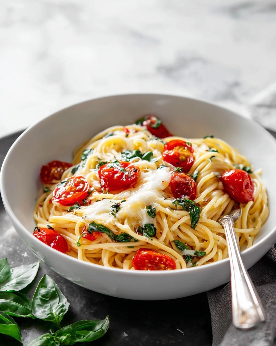 A white bowl is filled with thick spaghetti noodles tangled with bright red cherry tomatoes and topped with a light layer of melted cheese that is golden and slightly bubbly. Fresh green basil leaves are scattered on top and around the bowl, adding contrast to the warm colors of the dish. A silver fork is placed inside the bowl on the right side, resting on the noodles. The bowl sits on a dark tray with a white marbled texture underneath, with soft natural light highlighting the textures and colors of the pasta and tomatoes around the edges. A glass bottle and part of a pan with more pasta can be seen blurred in the background, all set on a rustic wooden surface photo taken with an iphone --ar 4:5 --v 7