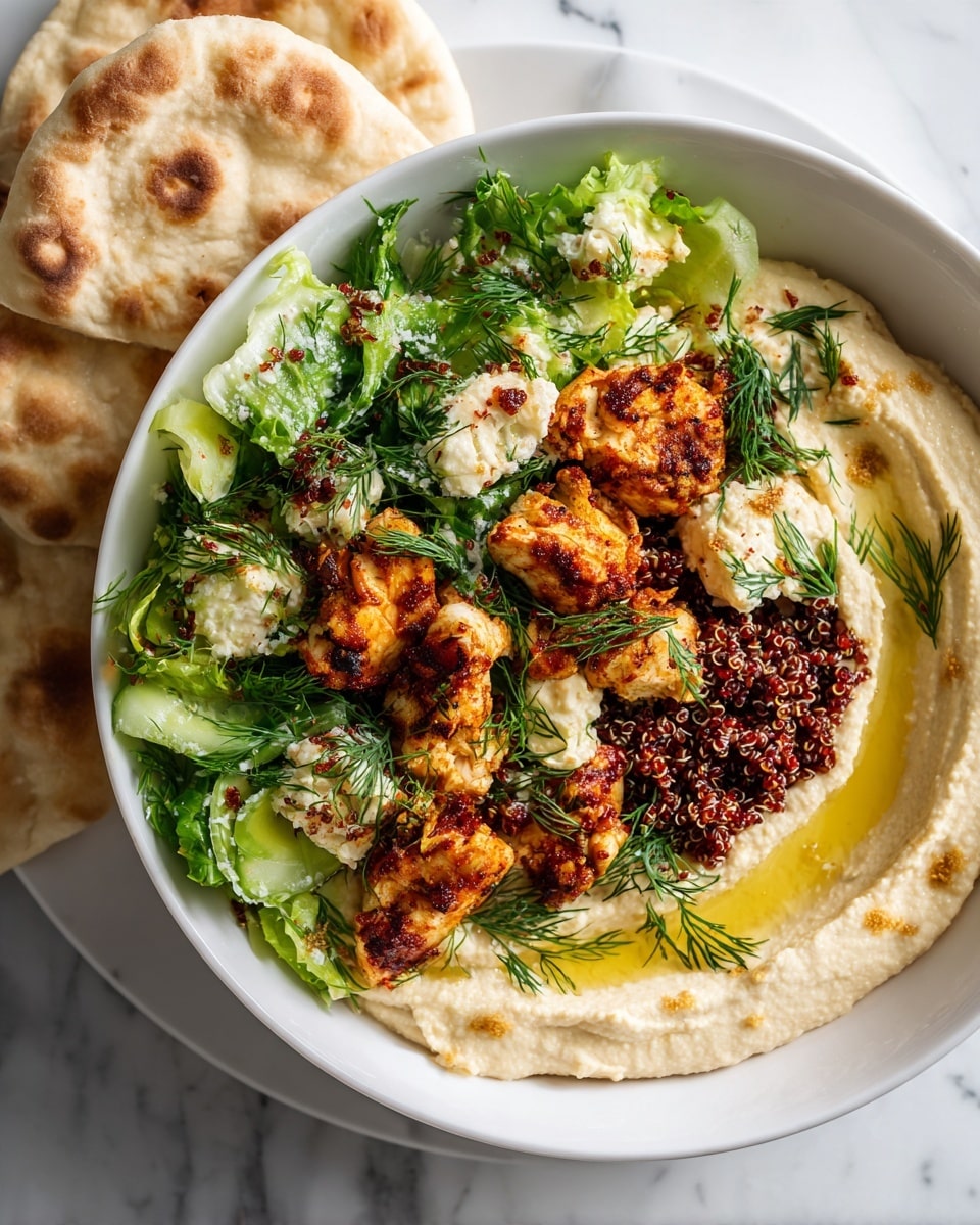 In a white bowl on a white marbled surface, a base layer of creamy beige hummus spreads along one side inside the bowl. On top of the hummus sits a generous mound of reddish-brown quinoa. Along the opposite side inside the bowl is a layer of finely sliced dark green leafy lettuce. Scattered over the quinoa and lettuce are golden brown seasoned chicken pieces with a slightly charred texture. Mixed among the chicken pieces are small white cubes of cheese topped with red sun-dried tomato bits. A few fresh sprigs of dark green dill garnish the top, with a sprinkle of coarse white salt over everything. Photo taken with an iphone --ar 4:5 --v 7