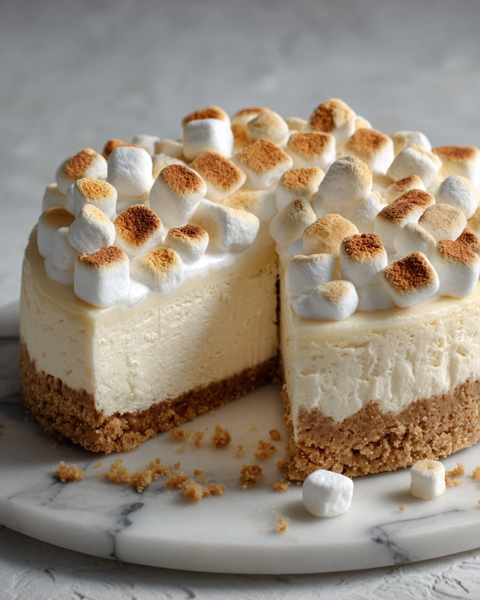 The image shows a three-layer cheesecake with a thick, crumbly brown crust at the bottom, a smooth creamy light beige middle layer, and a top layer covered with a dollop of fluffy white whipped cream. On the whipped cream layer, there are many small toasted marshmallows with a golden-brown slightly burnt texture on the top, arranged closely together. One slice is removed, revealing the creamy middle and crumbly crust clearly. The cheesecake is on a black base placed on a wooden round board with a blurred light-colored cloth in the background, all on a white marbled surface. Photo taken with an iphone --ar 4:5 --v 7