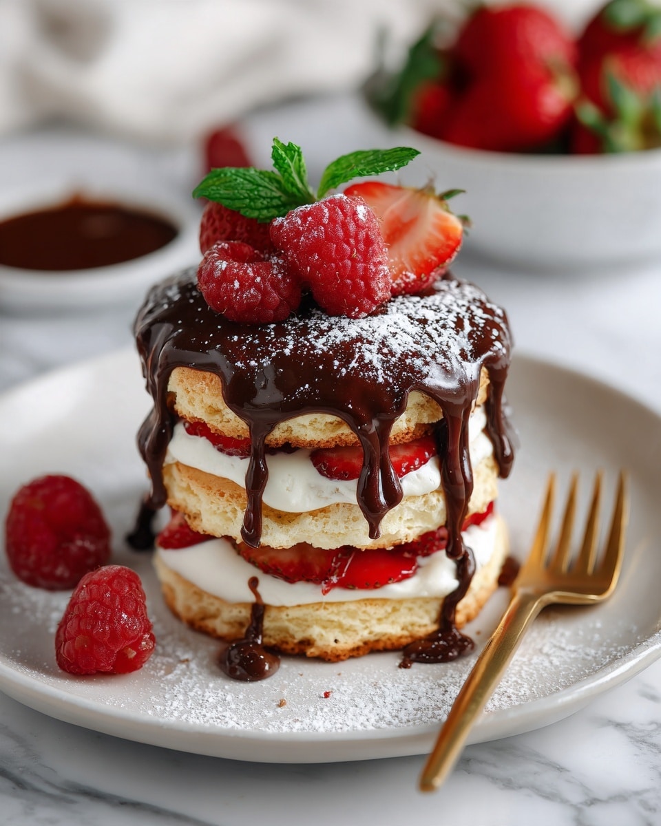 A dessert with three layers of light brown cookies stacked on a white plate with powdered sugar dusted around. Between the cookie layers are white cream and fresh red raspberries and red strawberry slices. The top cookie is covered with dark, smooth chocolate sauce that drips down the sides. On top are a few fresh raspberries and a small green mint leaf. The plate sits on a white marbled surface with a silver fork to the right and a blurred white bowl of strawberries in the background. Photo taken with an iphone --ar 4:5 --v 7