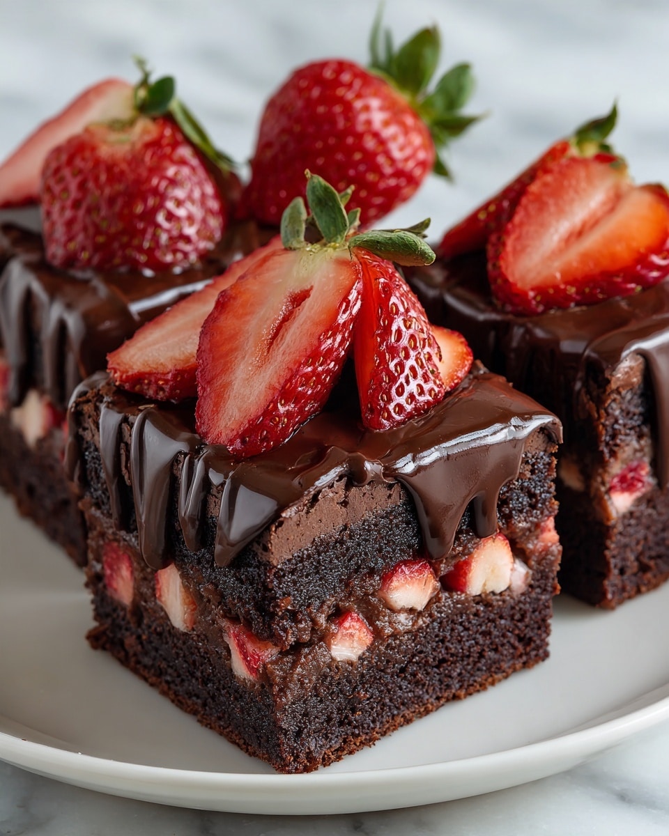 Three square pieces of chocolate cake sit on a white plate over a white marbled surface. Each piece has two visible layers: a dark, dense chocolate base with bits of fresh red strawberries inside, and a top layer of smooth chocolate glaze drizzled with darker chocolate sauce that softly drips down the sides. On top of each piece, there are slices of bright red strawberries with green leaves, arranged neatly, with one piece showing a whole shiny strawberry in front. The image is sharp and close-up, showing the rich textures of the cake and fruit. photo taken with an iphone --ar 4:5 --v 7