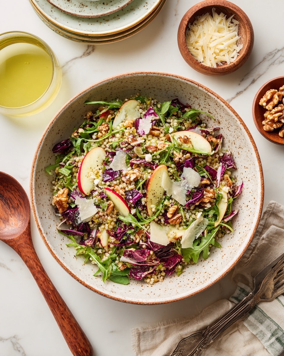 A large white speckled bowl filled with a salad consisting of layered ingredients: a base of small pearl-like grains, mixed leafy greens including dark green arugula and purple-red radicchio, thin slices of red apple showing their pale inner flesh, scattered whole walnuts adding a light brown color and rough texture, and topped with irregular thin shavings of white cheese. To the upper right is a small bowl with more cheese shavings and above it, a glass filled with a yellow-green liquid. To the left, stacked are three white plates with a fork resting on the top plate, all placed on a white marbled surface. Photo taken with an iphone --ar 4:5 --v 7