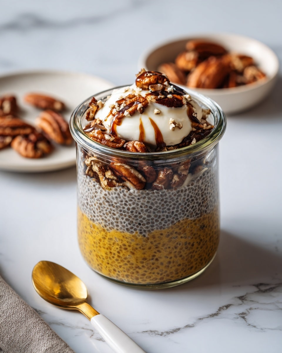 A clear glass jar filled with three visible layers: the bottom layer is a creamy orange-yellow mixture with tiny dark chia seeds dispersed throughout, the middle layer consists of whole pecans and some crushed nuts, and the top layer features a dollop of white whipped cream drizzled with dark chocolate syrup and sprinkled with small nut pieces. The jar is placed on a white marbled surface with a white plate of pecans blurred in the background to the left and a beige striped cloth to the right. A golden spoon with a small amount of white cream rests in the foreground near the jar. photo taken with an iphone --ar 4:5 --v 7