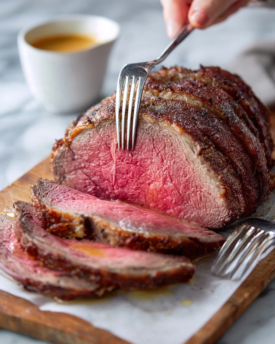 A thick piece of meat with three visible layers is being sliced on a wooden cutting surface. The outer layer is dark brown and crispy, followed by a thin creamy white fat layer, and the inner layer is a pinkish red cooked meat. Several slices are stacked at the bottom right, showing the same color pattern. A woman's hand holds a large silver knife cutting the meat, while another woman's hand holds a silver fork. In the background, a small white bowl with a yellow sauce and an empty white plate are placed on a white marbled surface. photo taken with an iphone --ar 4:5 --v 7