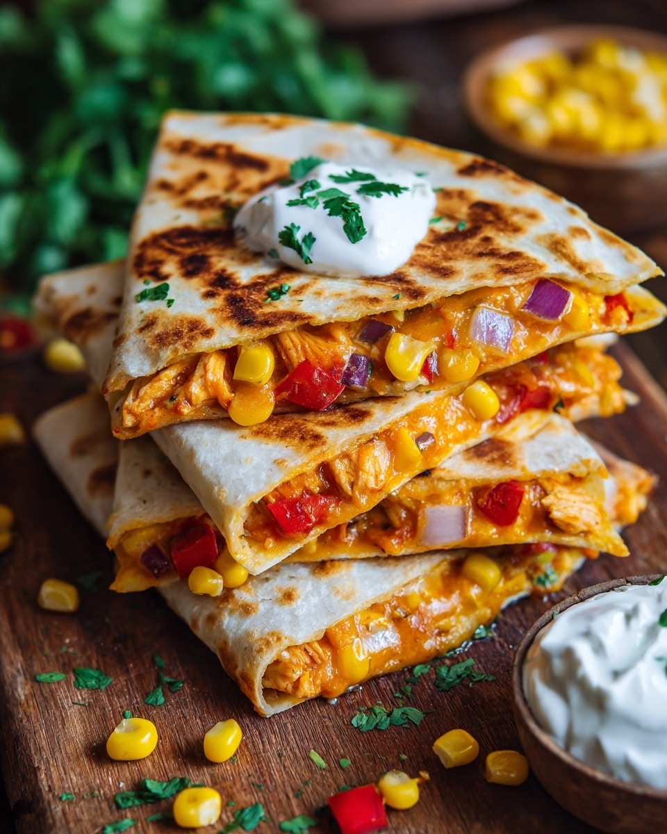 The image shows a stack of three grilled quesadilla slices on a wooden board, each slice filled with layers of melted orange cheese, yellow corn, red bell peppers, and shredded light brown chicken. The quesadilla outer layer is browned and crisp with grill marks. The top slice includes a dollop of white sour cream topped with fresh green cilantro leaves. Around the quesadilla on the wooden board are scattered pieces of corn, red peppers, purple onions, and small cilantro leaves. In the bottom right corner, there is a white bowl with more sour cream. The background features fresh green leafy herbs on a white marbled surface. Photo taken with an iphone --ar 4:5 --v 7