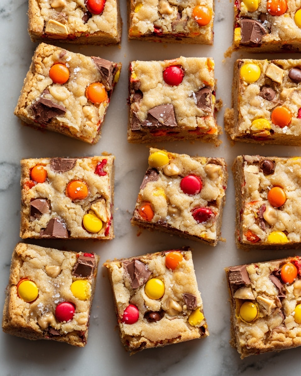 The image shows a top-down view of multiple square cookie bars arranged closely on a white marbled surface. Each bar has a golden-brown baked cookie layer with a rough texture, embedded with colorful candy pieces in red, orange, yellow, and dark brown chocolate chips. Some bars feature small peanut butter cups partially visible and slightly melted into the cookie dough. The cookie bars have a soft yet slightly crisp appearance with some tiny cracks on top and irregular edges. Light flakes of salt are sprinkled on the surface, adding texture and visual contrast. photo taken with an iphone --ar 4:5 --v 7