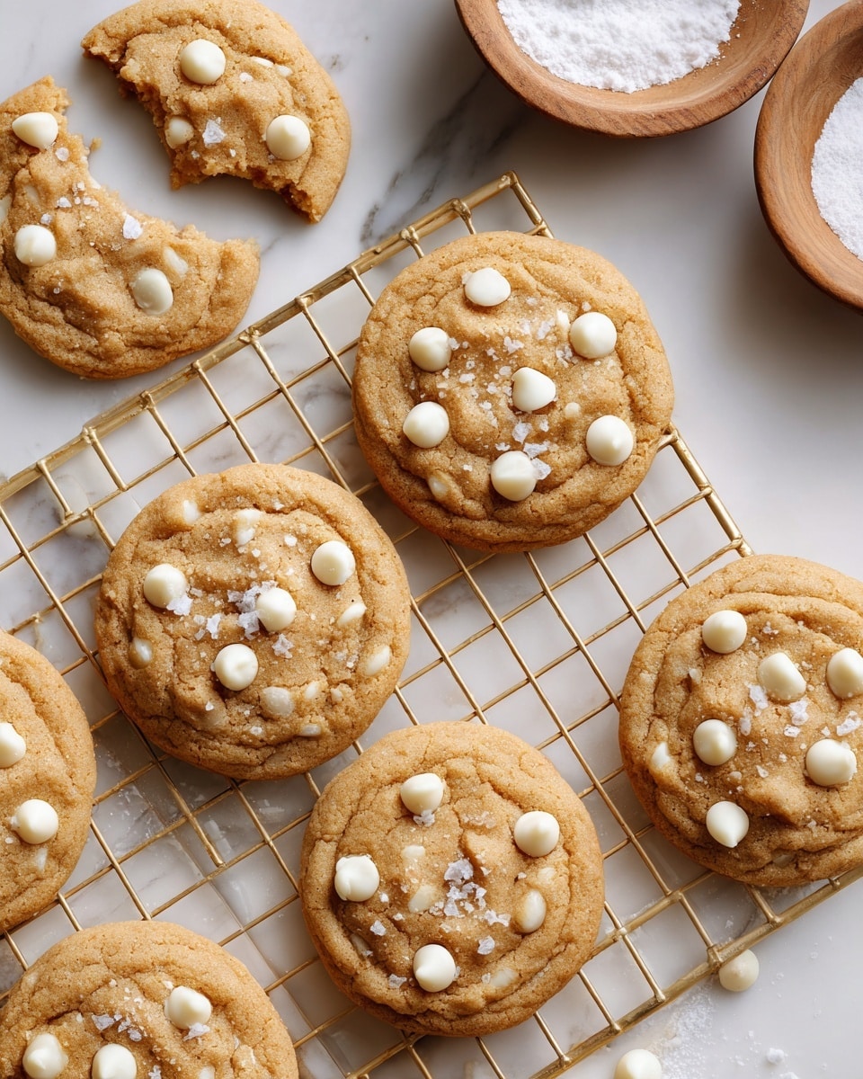 A group of round cookies with a light brown, slightly rough texture are arranged on a gold cooling rack. The cookies have white chocolate chips scattered evenly across their surface, with some small salt flakes on top adding a sparkly touch. One cookie in the upper left has a bite taken out, showing a soft inside with bits of chips. The background is a white marbled surface, and in the top right corner, a small wooden bowl with white powder, likely flour, is partially visible. photo taken with an iphone --ar 4:5 --v 7