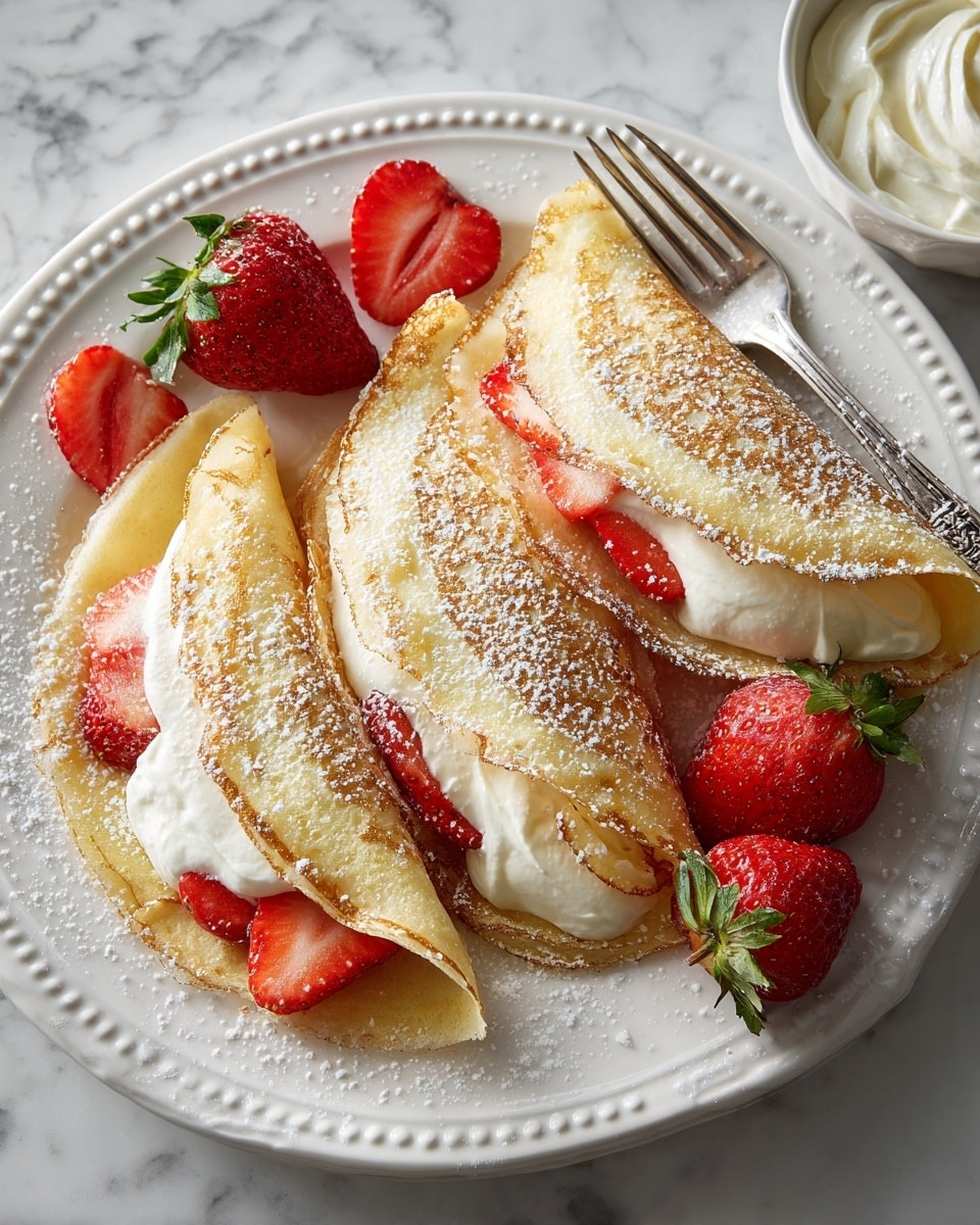 Three light golden brown crepes folded into triangles are arranged on a white plate with embossed swirl patterns around the rim. Each crepe has a layer of white cream inside, slightly visible at the edges. The crepes are dusted with powdered sugar, giving them a soft white coating on top. Fresh red strawberries, some sliced in half showing their bright red flesh and green leafy tops, are placed around the crepes, adding a fresh pop of color. A silver fork is partially tucked under the right side crepe. In the top right corner, a bowl of white cream with a textured surface is visible. The plate sits on a white marbled surface. photo taken with an iphone --ar 4:5 --v 7
