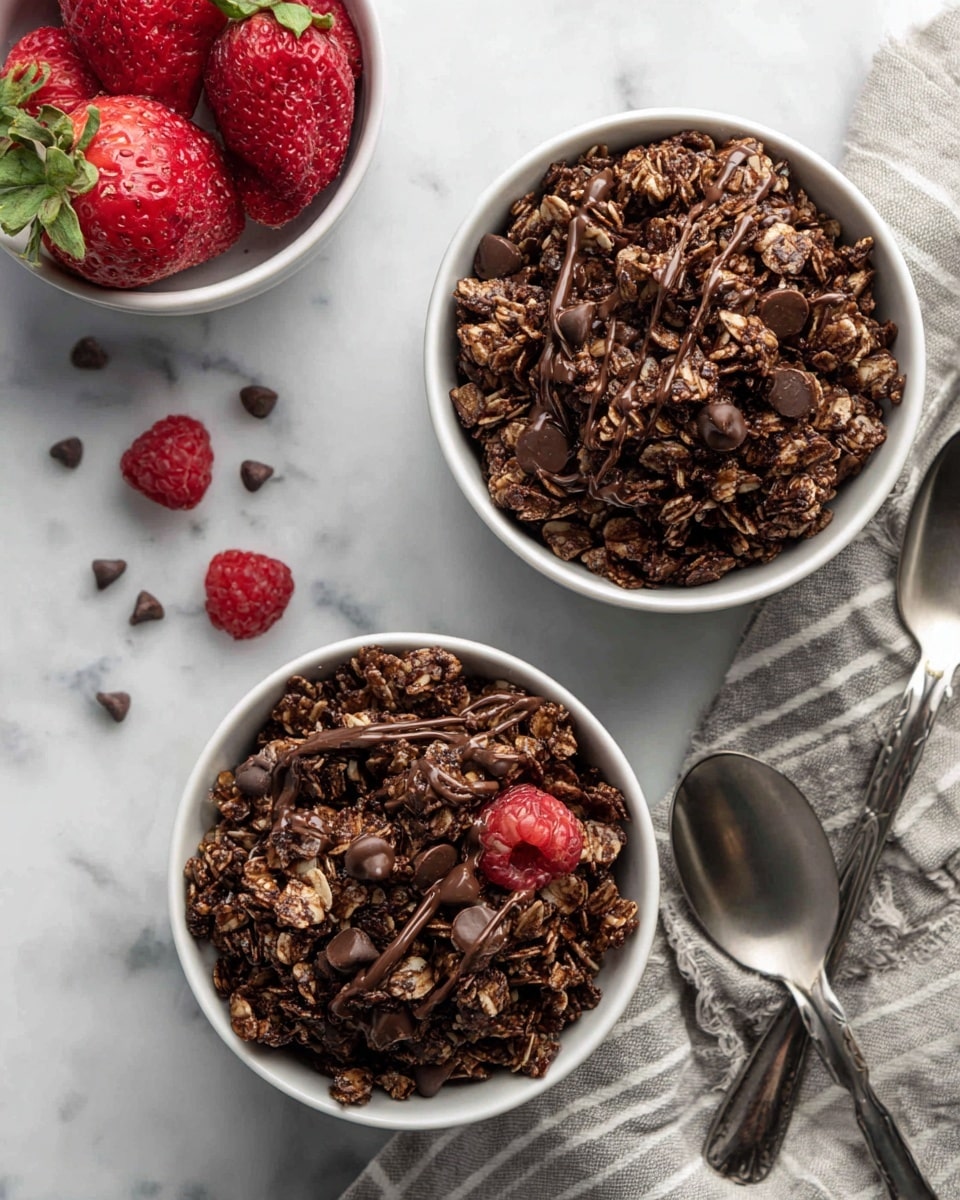 Two white bowls are filled with dark brown granola that has a rough texture. The granola is mixed with many small dark chocolate chips spread over the top, some slightly melted, giving a shiny look in places. The bowls are on a white marbled surface. On the top left, a white bowl with a tan rim holds a mix of bright red strawberries and raspberries. On the bottom right, a white and gray checked cloth napkin lies under two metal spoons. A few small granola pieces are scattered on the white marbled surface around the bowls. Photo taken with an iphone --ar 4:5 --v 7