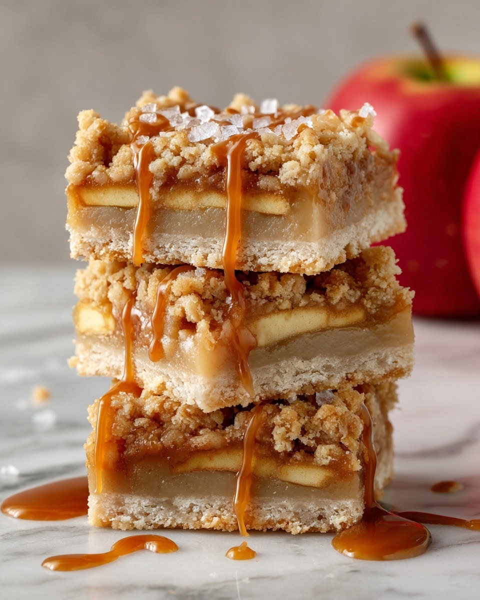 A close-up of a stack of three apple crumble bars placed on a white marbled surface. Each bar shows three visible layers: the bottom layer is a dense, golden crust, the middle layer is filled with slices of soft, light golden apple, and the top is a crumbly oat and brown sugar mixture with a rough texture. Drizzled over the top is a sticky caramel sauce, glossy and rich brown in color, slightly dripping down the sides. There are also small flakes of coarse salt sprinkled across the top. In the background, slightly out of focus, is a red apple with a green stem. photo taken with an iphone --ar 4:5 --v 7