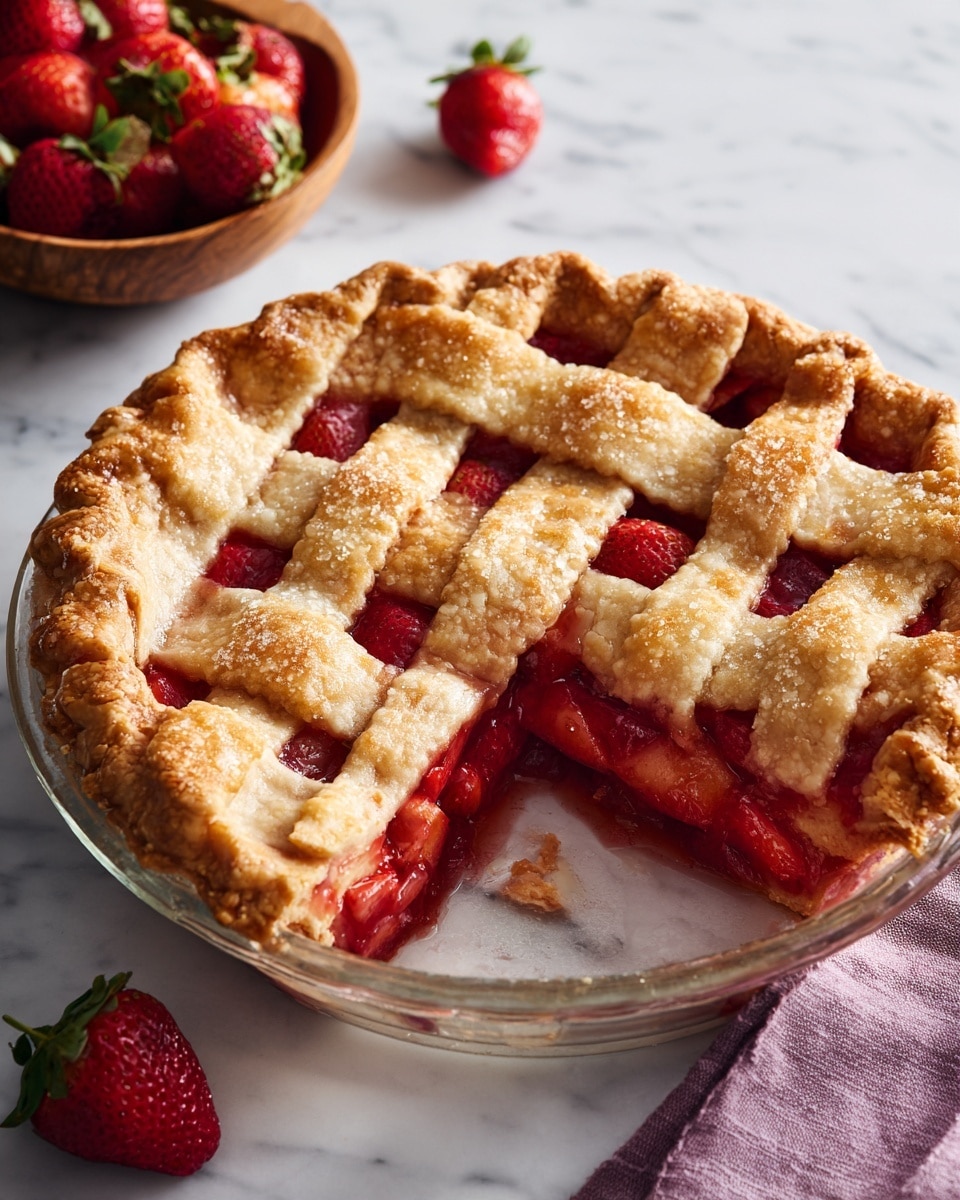 A round pie in a clear glass dish with a golden brown crust that has a crimped edge. The top crust has a lattice pattern made of thick strips showing bright red strawberry filling underneath with some chunks of strawberries. One slice is missing, revealing the juicy, thick red filling inside. The pie crust is sprinkled with coarse sugar, giving it a slightly shiny texture. On the top right, a wooden bowl with whole strawberries sits on a white marbled surface, with a purple cloth napkin beside the pie. Photo taken with an iphone --ar 4:5 --v 7