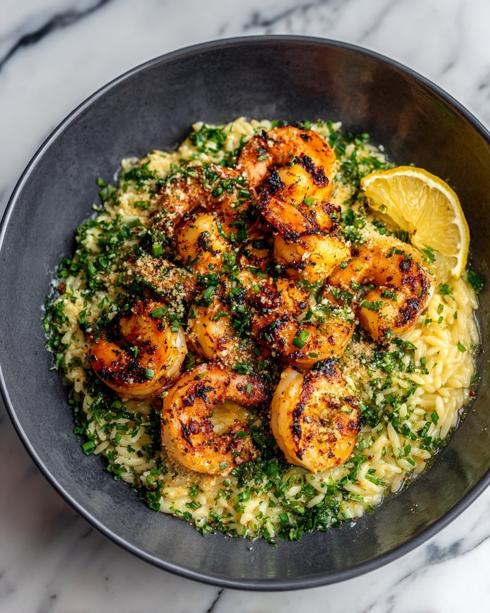 A round white bowl filled with two layers: the bottom layer is pale yellow rice mixed with small green herbs, showing a soft and slightly fluffy texture, spreading evenly across the bowl. The top layer has a pile of grilled shrimp with orange-pink shells and light char marks, sprinkled with chopped green herbs. A small lemon wedge is placed on the edge of the shrimp. The bowl is set on a white marbled surface. photo taken with an iphone --ar 4:5 --v 7