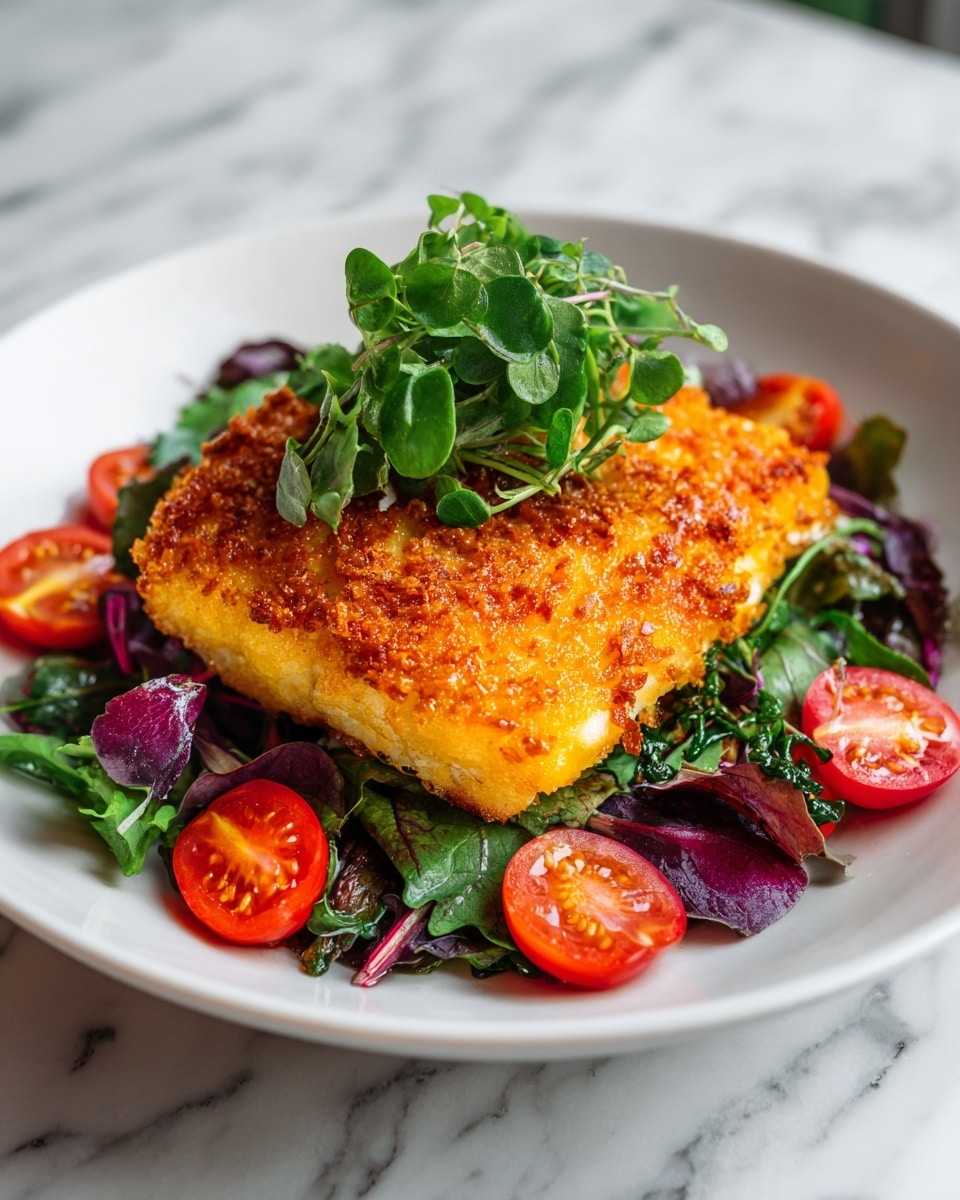 A single thick piece of white fish with a golden brown, crispy crust sits in the middle of a white plate. Beneath the fish is a bed of mixed greens with deep purple-red and bright green leaves. Scattered cherry tomatoes, both halved and whole, in vibrant red and orange-red colors surround the greens and fish. A small bunch of fresh green leaves is placed on top of the fish. The plate rests on a white marbled textured surface. photo taken with an iphone --ar 4:5 --v 7