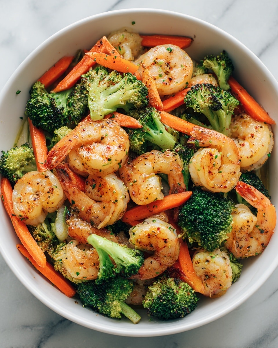 The image shows a white bowl filled with a shrimp and vegetable dish. The bottom layer has bright green broccoli florets with a slightly shiny texture. Mixed in are small orange carrot sticks that are smooth and vibrant. On top and throughout the vegetables are plump, orange-pink shrimp with a glossy surface, some curled in a