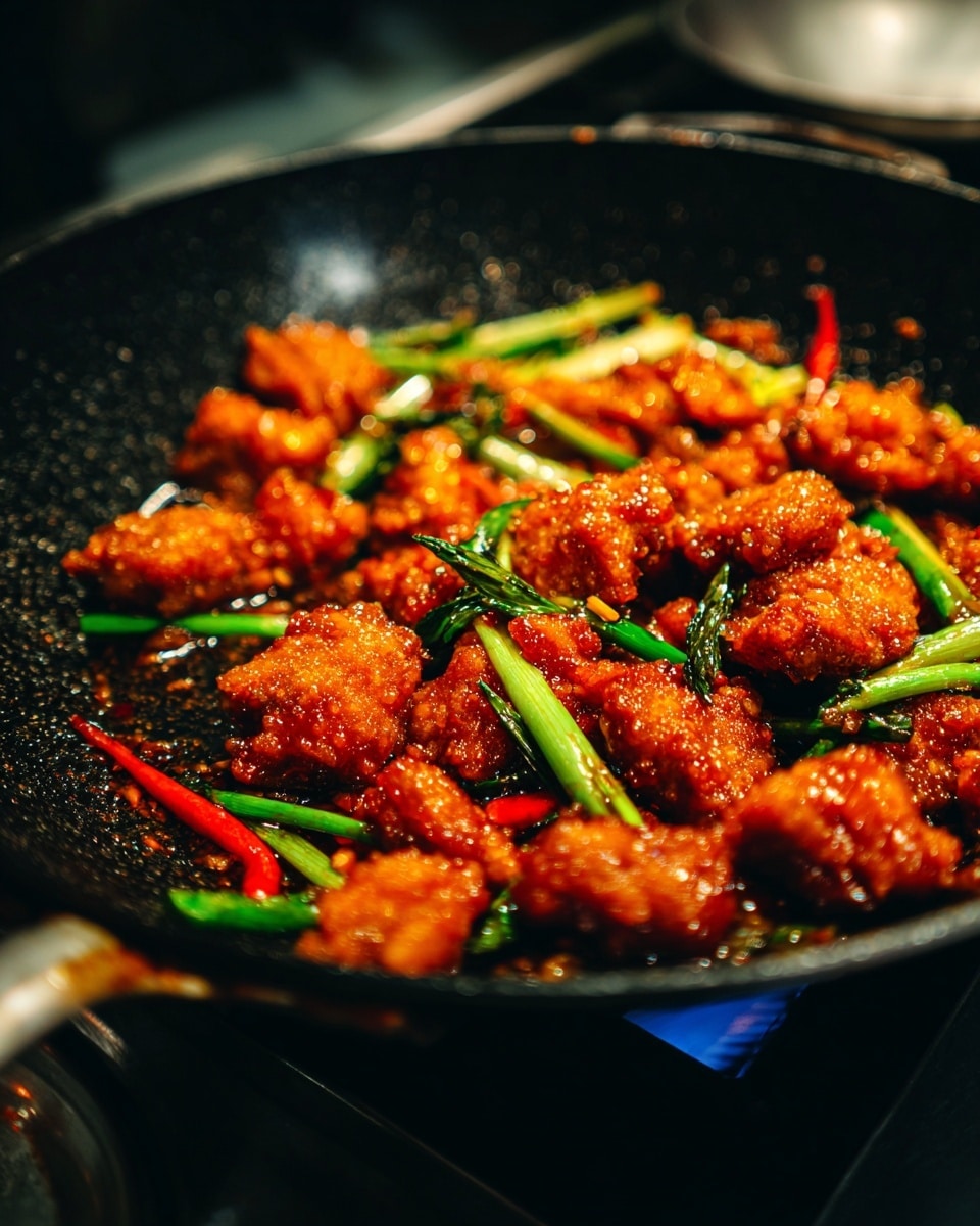 Inside a speckled black frying pan on a white marbled surface, there are multiple pieces of crispy fried chicken. The chicken pieces have a textured, golden-brown coating covered in a shiny, reddish-brown sauce. Scattered around the chicken are bright green spring onion stalks with a smooth, glossy texture, and strips of red bell pepper. The sauce pools slightly below the chicken and vegetables, giving a wet, glossy look to the dish. photo taken with an iphone --ar 4:5 --v 7